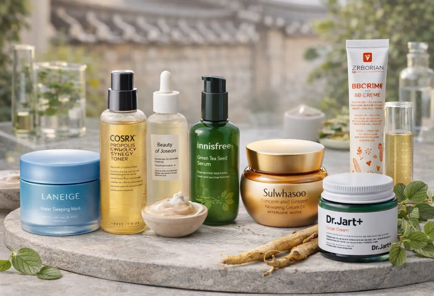 Selección de productos de cosmética coreana K-Beauty para el cuidado facial, con sérums, tónicos, cremas hidratantes, mascarillas y tratamientos sobre una superficie de piedra con un ambiente inspirado en Corea.