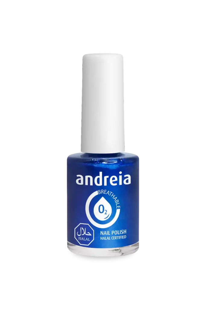 Botella de esmalte Andreia Breathable Halal O2 azul con fórmula transpirable sobre fondo blanco limpio