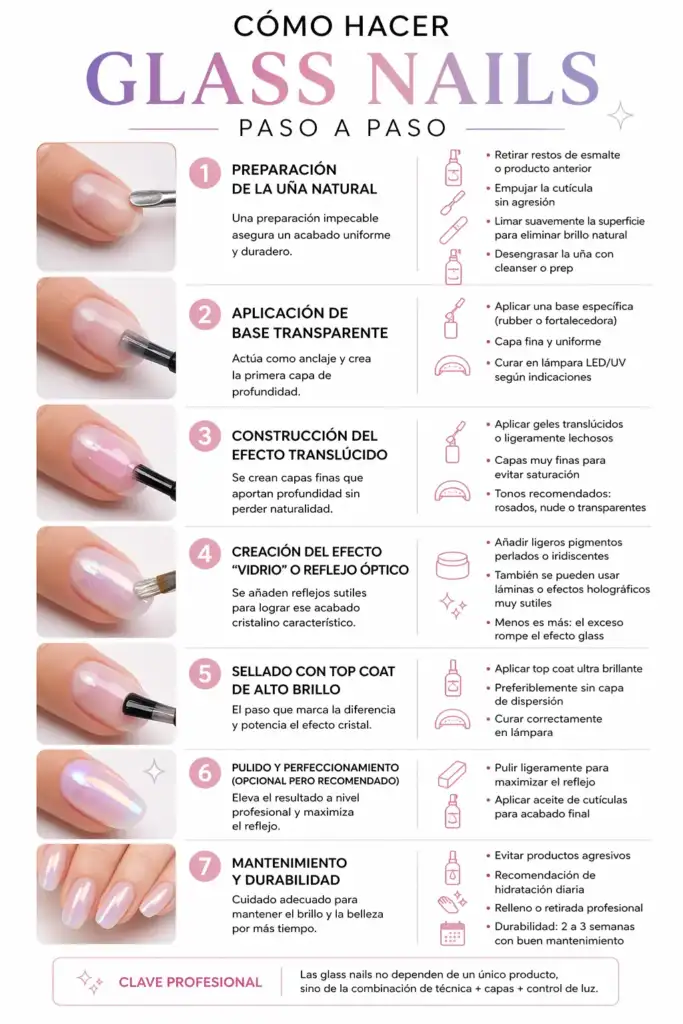 Infografía paso a paso para realizar glass nails con efecto cristal en manicura profesional