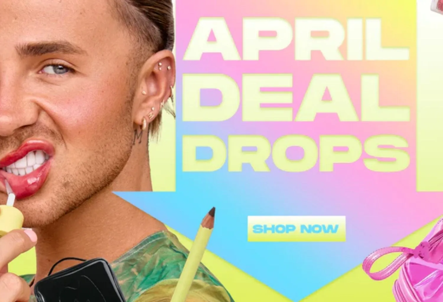 Influencer aplicando maquillaje en campaña colorida con promoción de productos beauty