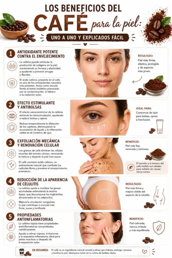infografia beneficios del cafe para la piel antioxidante celulitis exfoliante cafeina