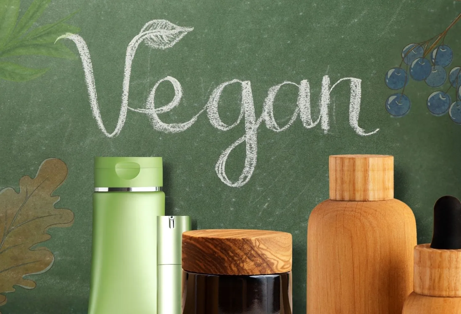 Productos de cosmética vegana con envases sostenibles sobre fondo natural con texto vegan