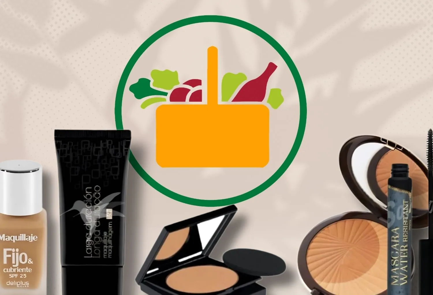 Productos de maquillaje de supermercado como base, polvos y máscara de pestañas en tendencia