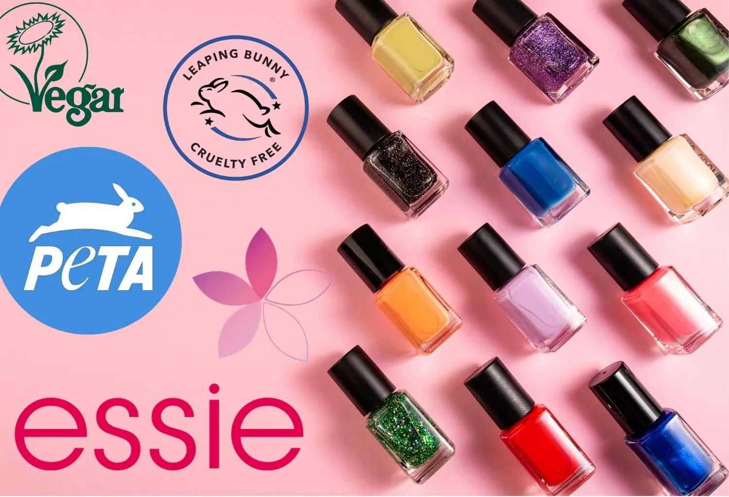 Esmaltes de uñas con certificaciones veganas y cruelty free como PETA y Leaping Bunny sobre fondo rosa