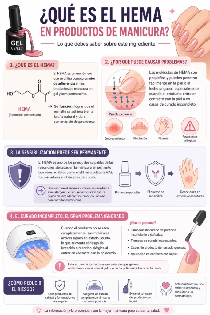 Infografía sobre el HEMA en productos de manicura, alergias y problemas por curado incompleto