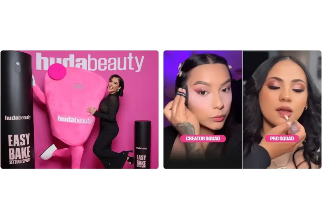 Campaña de Huda Beauty con influencers mostrando productos de maquillaje y aplicación en redes sociales