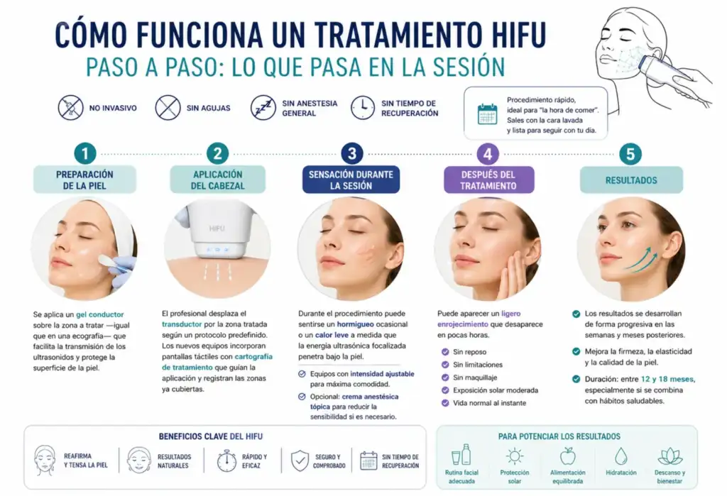 infografia tratamiento hifu paso a paso ultrasonido facial no invasivo resultados piel