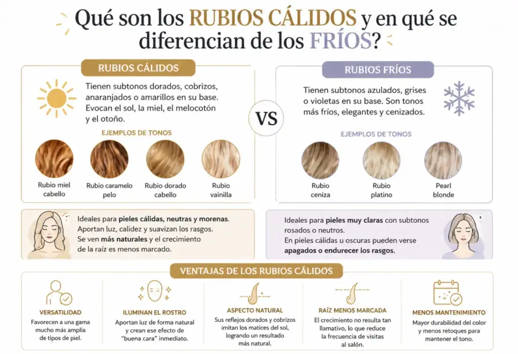 Infografia rubios calidos vs rubios frios diferencias tonos cabello peluqueria