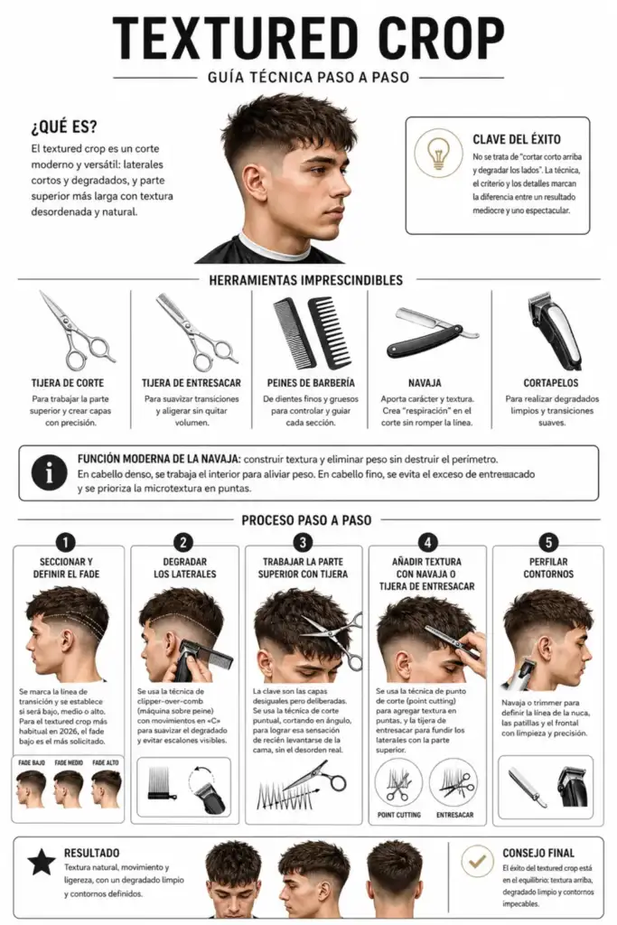 Infografía del corte textured crop con herramientas y proceso paso a paso en barbería profesional
