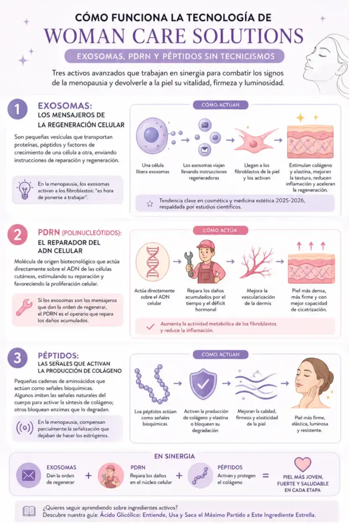 Infografía sobre exosomas, PDRN y péptidos y su acción en la regeneración de la piel en la menopausia