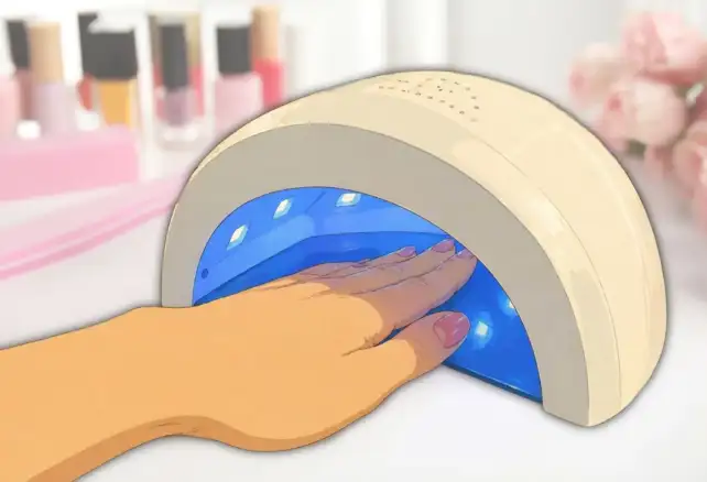 Mano secando uñas en lámpara UV LED con estilo ilustración tipo Studio Ghibli