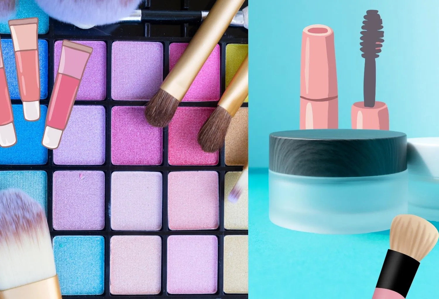 Paleta de sombras de ojos con brochas y productos de maquillaje como máscara y base