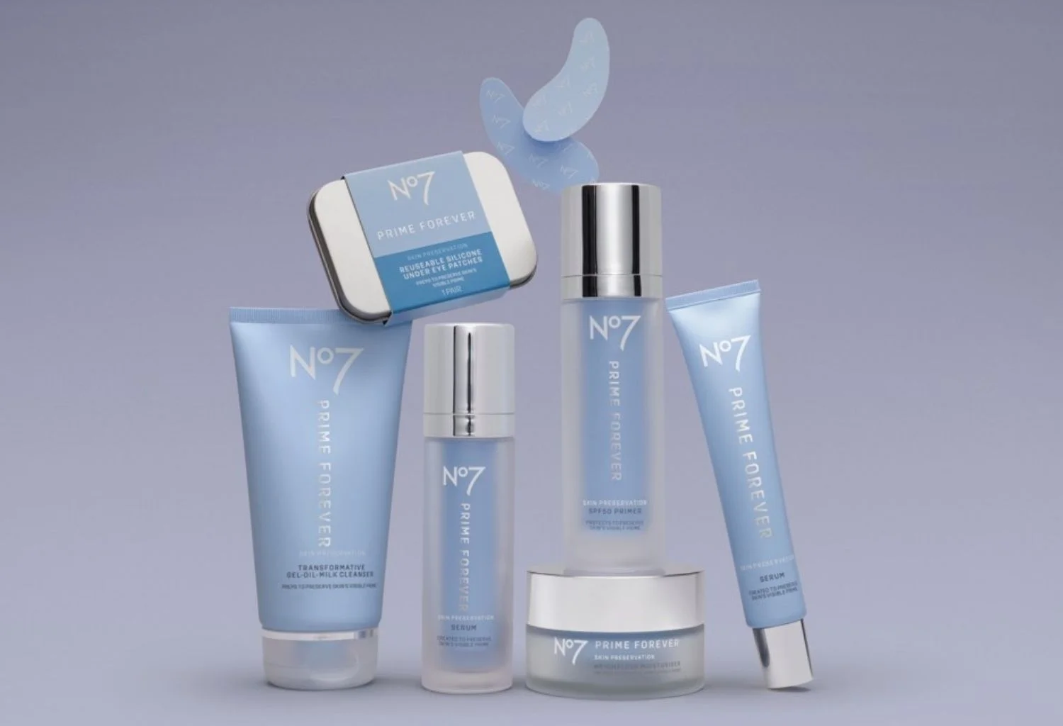 Imagen de la colección No7 Prime Forever con sérum, crema, limpiador, primer SPF y parches reutilizables