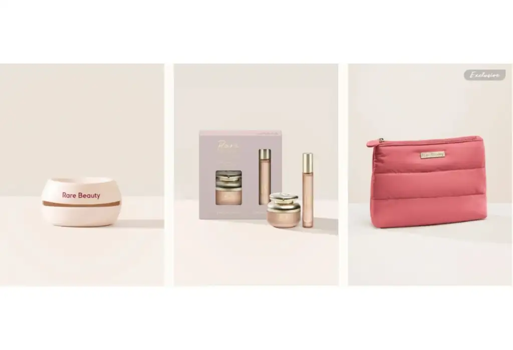 Productos de Rare Beauty con packaging minimalista incluyendo maquillaje y accesorios beauty
