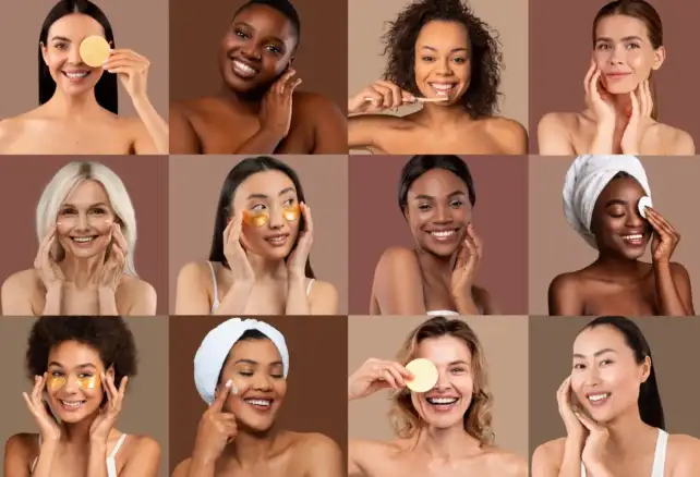 Collage de mujeres aplicando rutinas de skincare con diferentes tipos de piel