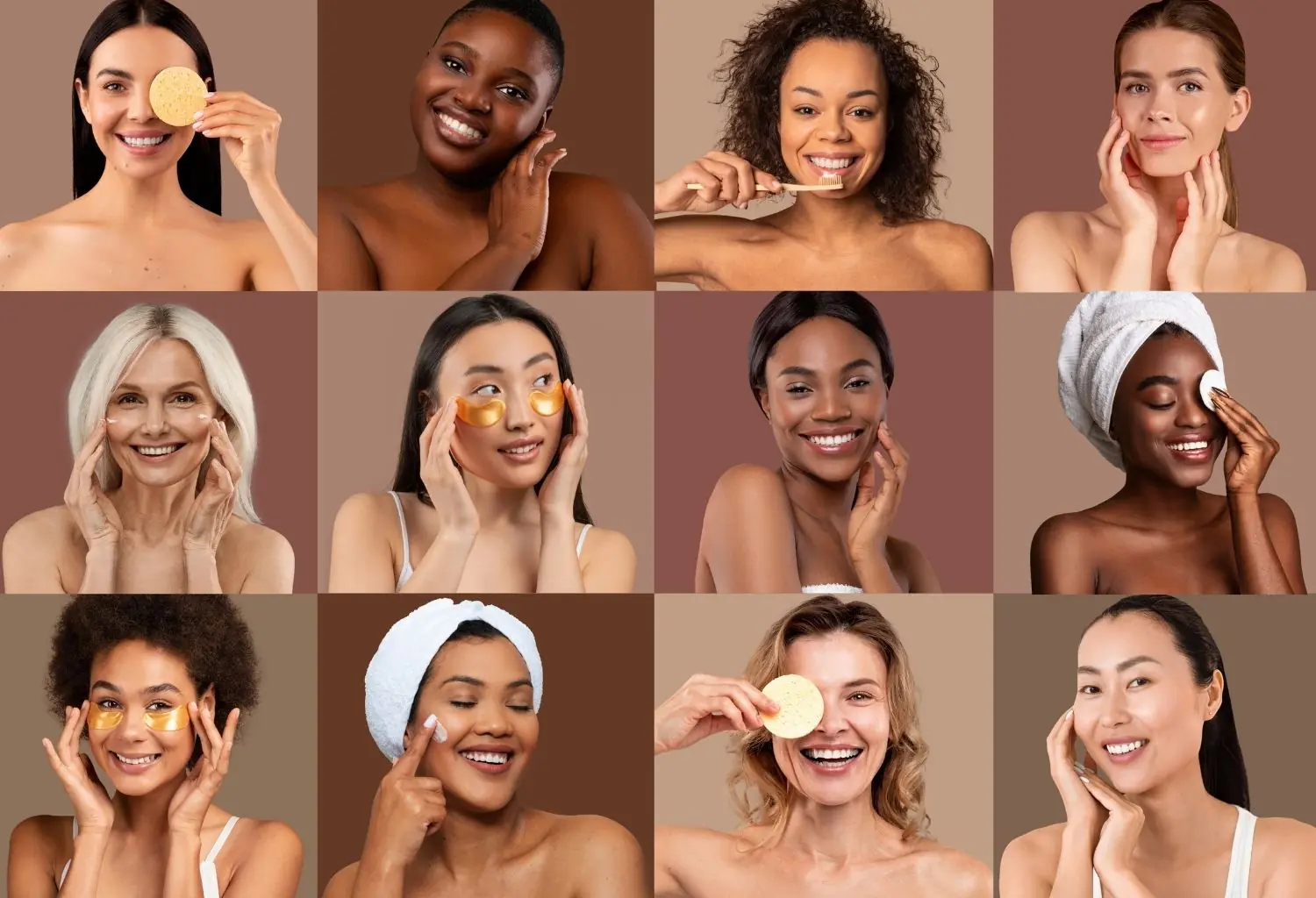Collage de mujeres aplicando rutinas de skincare con diferentes tipos de piel