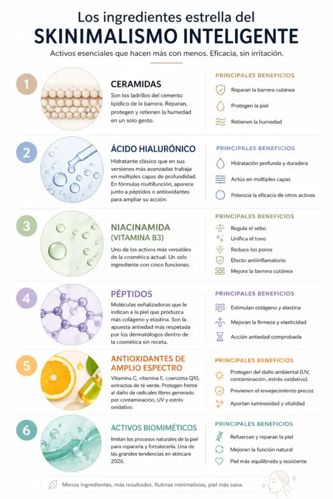 Infografía de ingredientes clave del skinimalismo como ceramidas, niacinamida, ácido hialurónico y péptidos