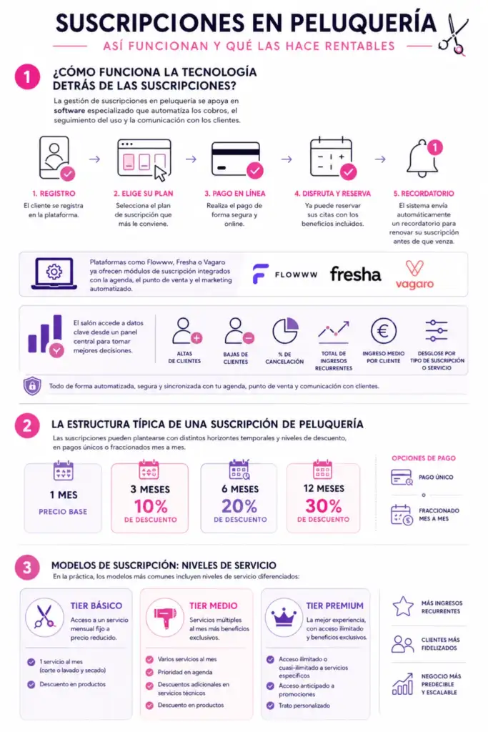 Infografía sobre cómo funcionan las suscripciones en peluquería con niveles de servicio y estructura de precios