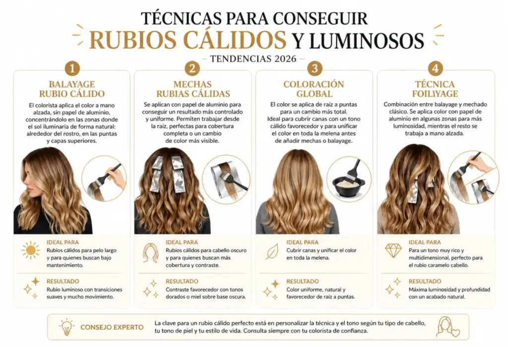 Infografia tecnicas rubios calidos balayage mechas coloracion foilyage peluqueria