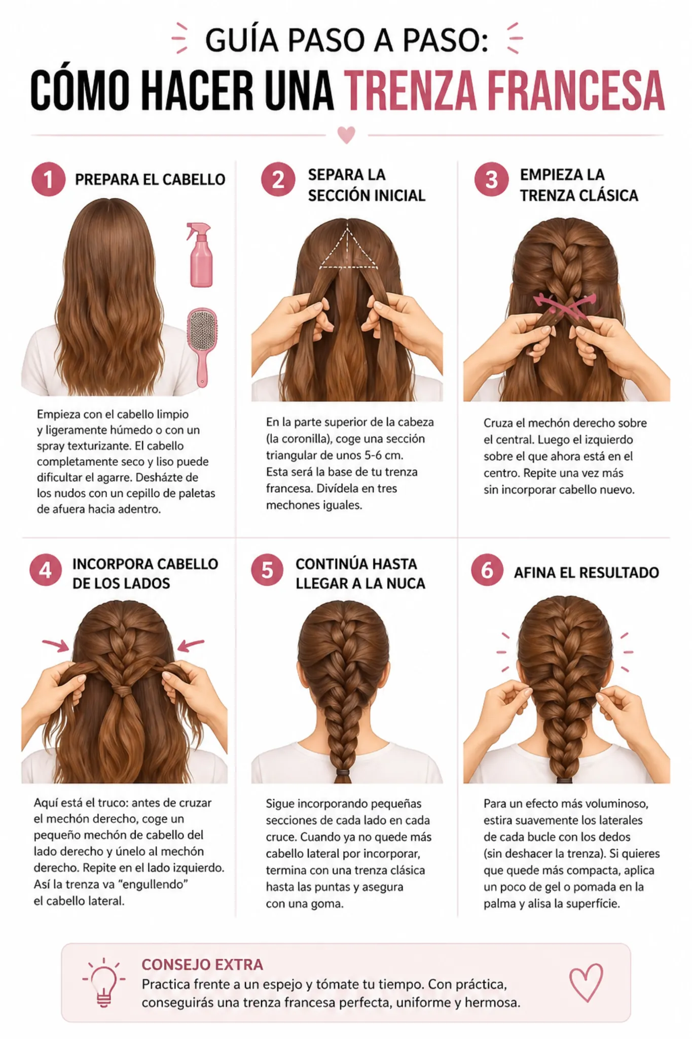 infografia como hacer trenza francesa paso a paso guia peinado mujer