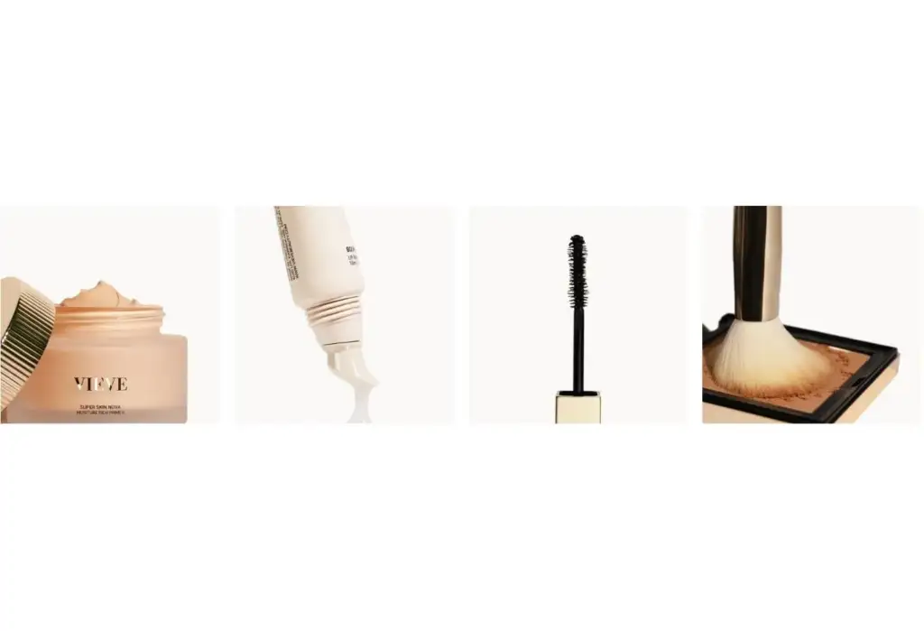 Productos de maquillaje Vieve Beauty con base, máscara de pestañas y polvos compactos