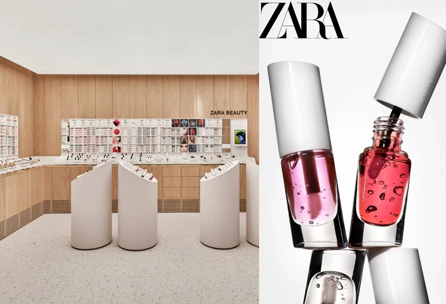Interior de tienda Zara Beauty junto a esmaltes de maquillaje en tonos rosados de la colección