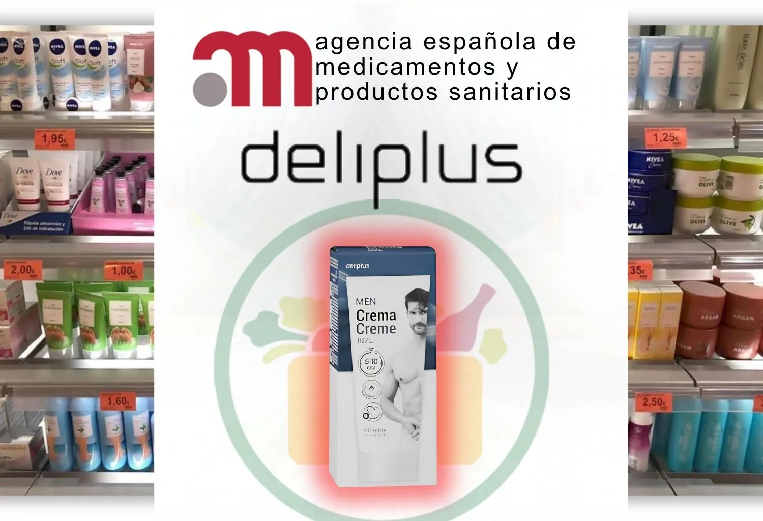 Imagen del producto Deliplus Men junto al logotipo de la AEMPS y estanterías de cosméticos en supermercado.