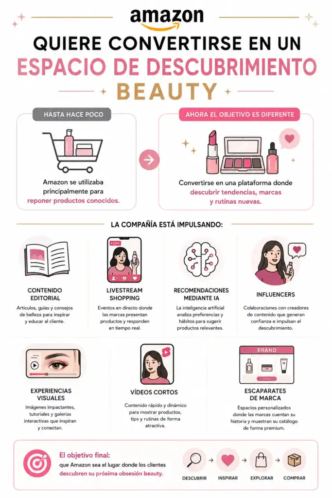 Infografía sobre la estrategia de Amazon para convertirse en una plataforma de descubrimiento beauty mediante contenido editorial, influencers, IA y experiencias visuales.
