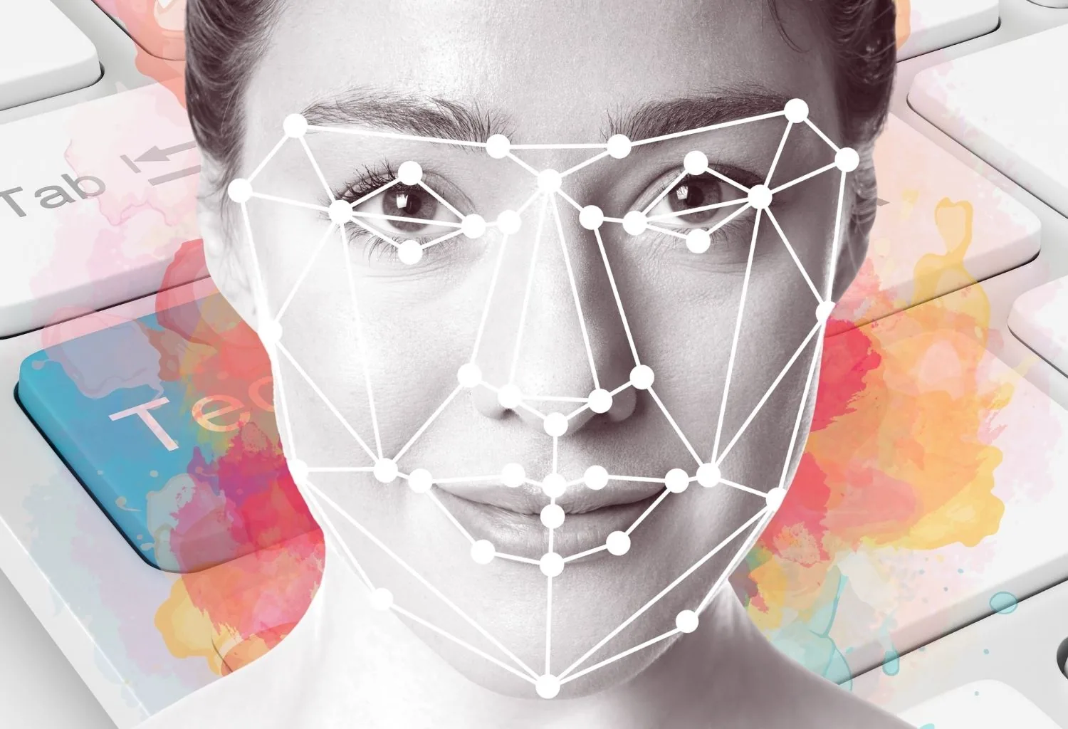 Rostro analizado mediante inteligencia artificial y reconocimiento facial para evaluar el estado de la piel y personalizar tratamientos cosméticos.