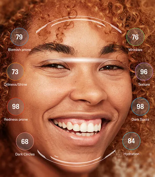 Análisis facial con inteligencia artificial para diagnóstico de la piel Mujer sometiéndose a un análisis facial mediante inteligencia artificial que evalúa hidratación, arrugas, manchas, textura, brillo, rojeces y ojeras de la piel.