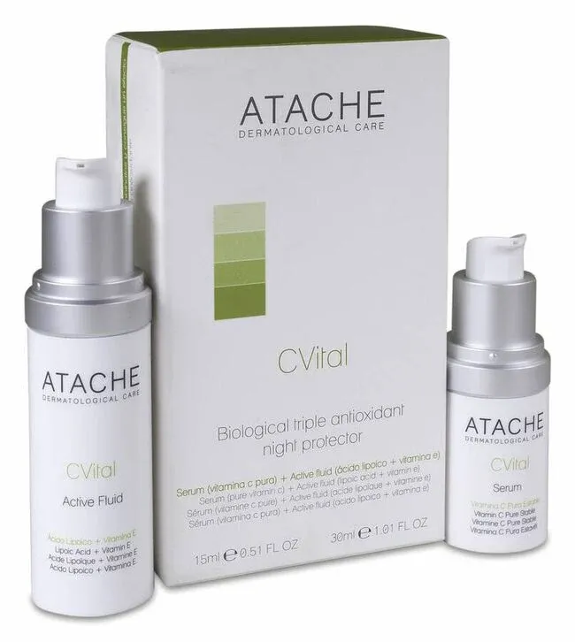 Atache CVital Biological Triple Antioxidant Night Protector Tratamiento antioxidante Atache CVital con sérum y fluido activo con vitamina C para cuidado facial nocturno.