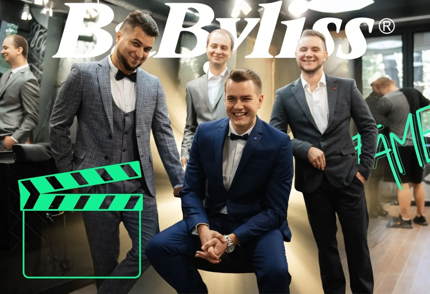 Grupo de profesionales de barbería posando en un evento de BabylissPRO dentro de un salón moderno.