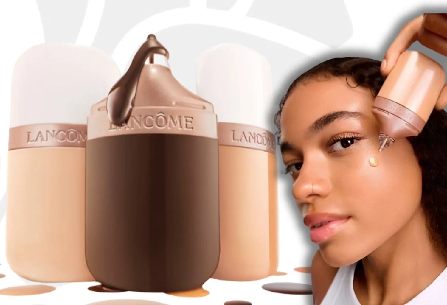 Modelo aplicando base de maquillaje Lancôme con acabado natural y uniforme