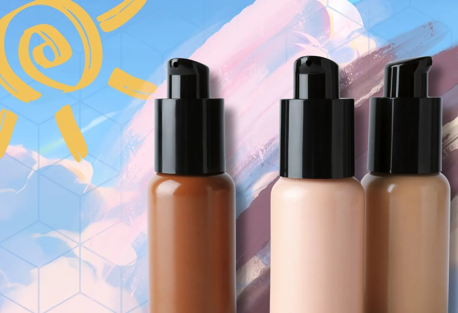 Diferentes tonos de bases de maquillaje multifunción con activos cosméticos y protección solar sobre fondo artístico.
