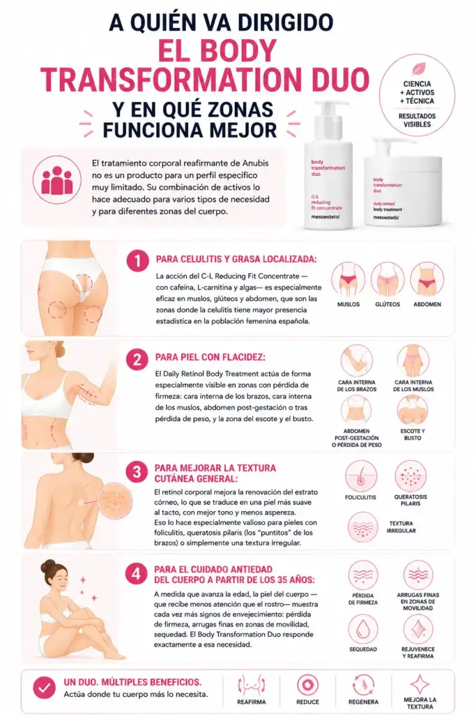 Infografía sobre a quién va dirigido el Body Transformation Duo y las zonas del cuerpo donde funciona mejor para reafirmar, reducir celulitis y mejorar la textura de la piel.