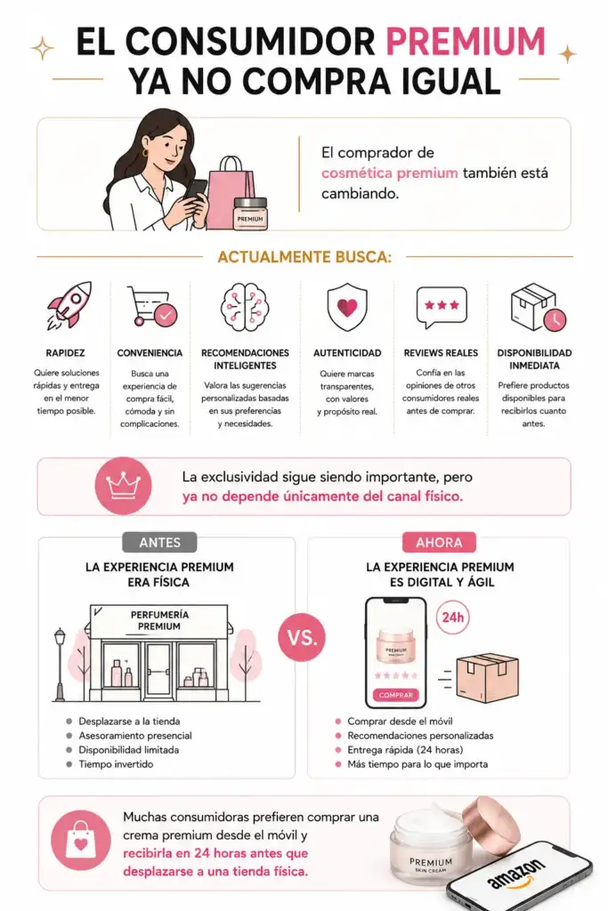Infografía sobre cómo ha cambiado el consumidor de cosmética premium y sus nuevas prioridades digitales como rapidez, conveniencia y recomendaciones inteligentes.
