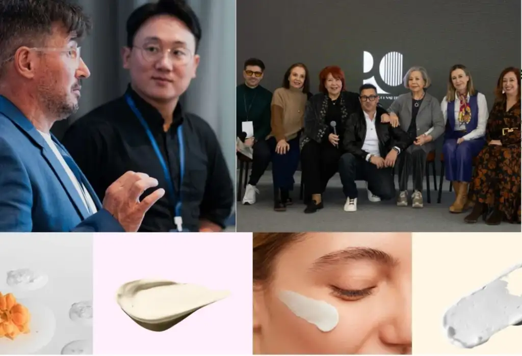 Collage sobre innovación cosmética con expertos del sector, texturas skincare y tratamientos faciales profesionales.