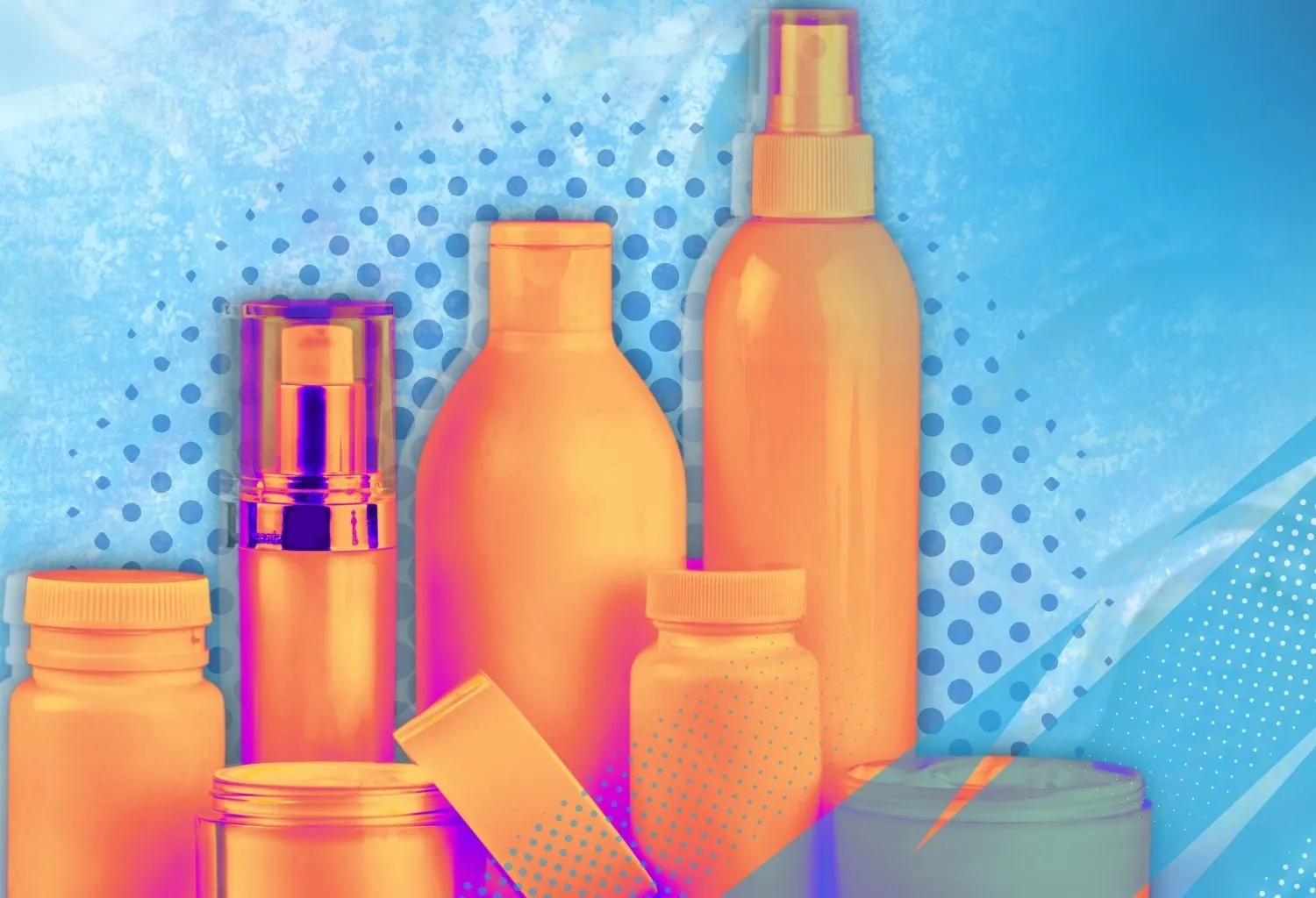 Envases de cosmética y cuidado personal en tonos vibrantes sobre fondo azul para artículos de belleza y skincare.