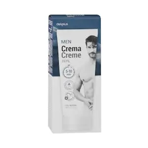 Envase de Deliplus Men Crema efecto calor para cuidado íntimo masculino.