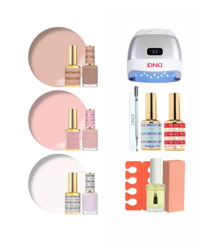Kit de manicura semipermanente DND DC con esmaltes nude, lámpara LED y accesorios para uñas.