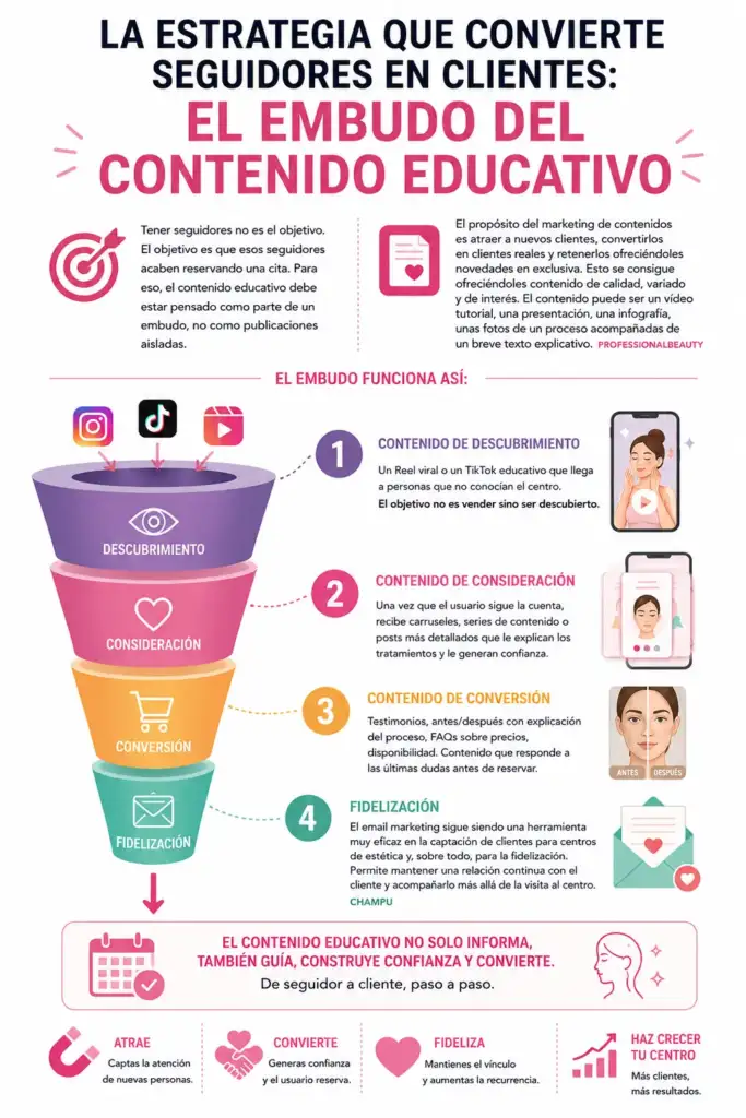 Infografía sobre el embudo del contenido educativo en estética para convertir seguidores en clientes y fidelizar usuarios.