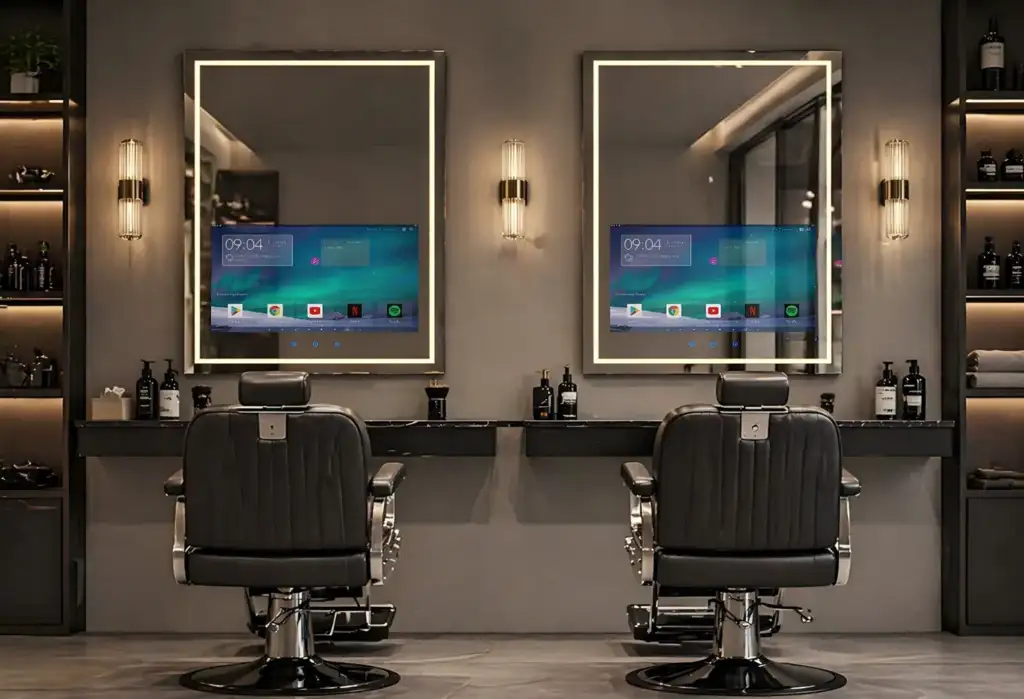 Interior de una barbería moderna con espejos inteligentes interactivos y tecnología digital integrada para la gestión del salón.