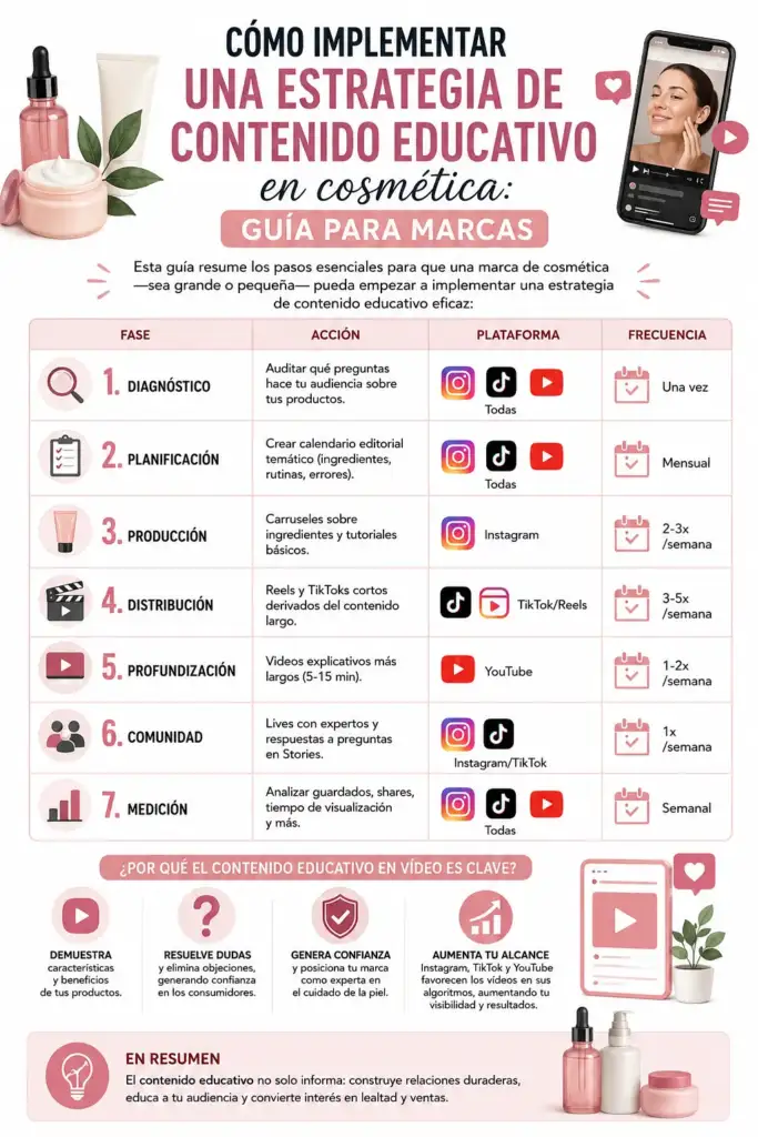 Estrategia de contenido educativo en cosmética para marcas Infografía que muestra cómo implementar una estrategia de contenido educativo en cosmética mediante Instagram, TikTok y YouTube para aumentar la confianza y visibilidad de una marca.