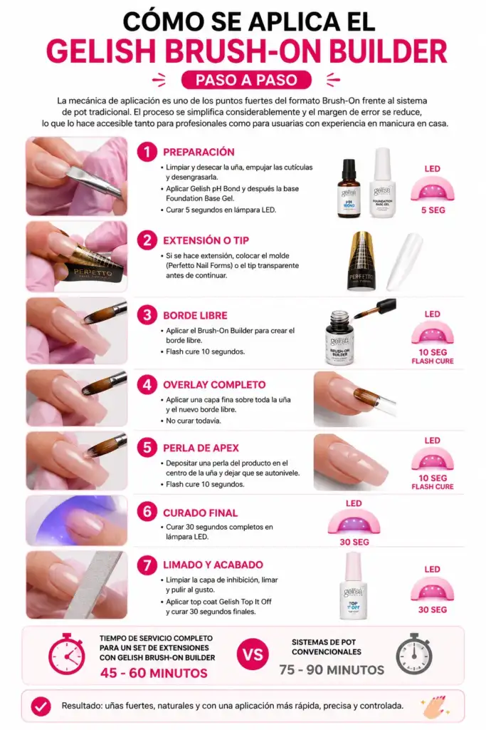Infografía sobre cómo aplicar Gelish Brush-On Builder paso a paso para extensiones y refuerzo de uñas en gel.