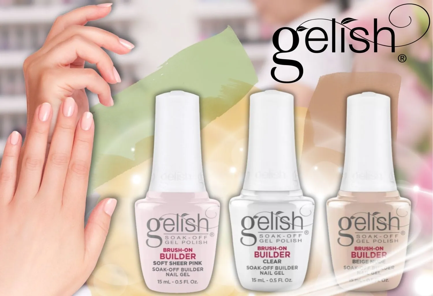 Productos Gelish Brush-On Builder en tonos nude y rosa para construcción y refuerzo de uñas semipermanentes.