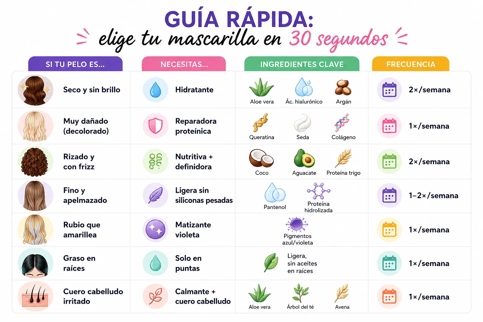 Guía visual para elegir la mascarilla capilar ideal según el tipo de pelo: seco, rizado, fino, teñido o con frizz