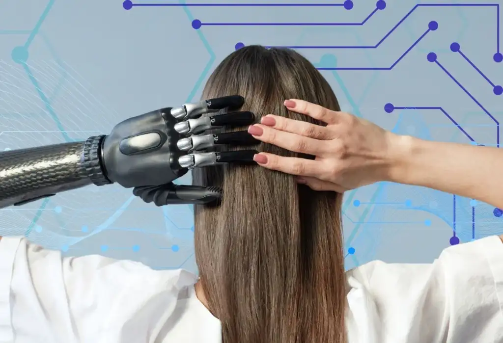 Mujer peinándose con ayuda de un brazo robótico que representa el uso de inteligencia artificial en salones de belleza y peluquerías.