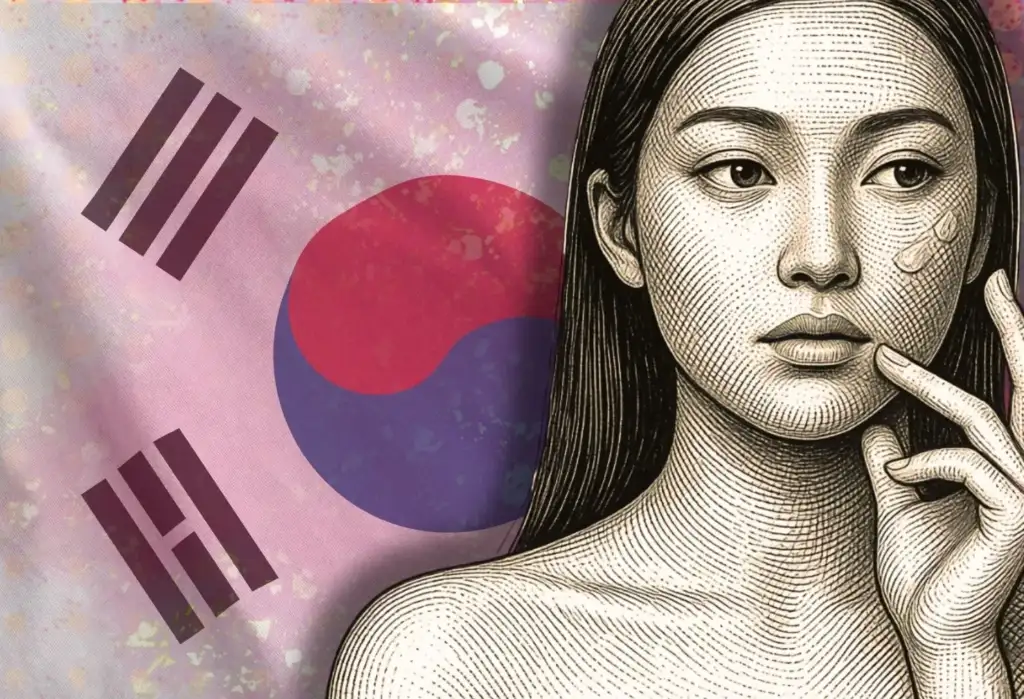 Mujer aplicándose crema facial inspirada en la cosmética coreana junto a elementos visuales de K-Beauty y Corea del Sur.