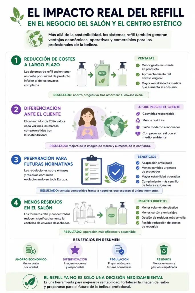 El impacto real del refill en el negocio del salón y el centro estético Infografía sobre las ventajas de los sistemas refill en salones de belleza y centros estéticos, incluyendo ahorro de costes, sostenibilidad y reducción de residuos.