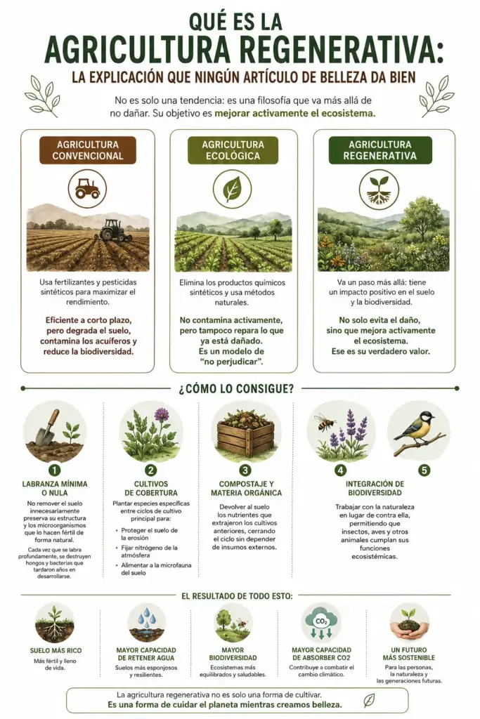 Infografía sobre agricultura regenerativa comparada con agricultura convencional y ecológica.